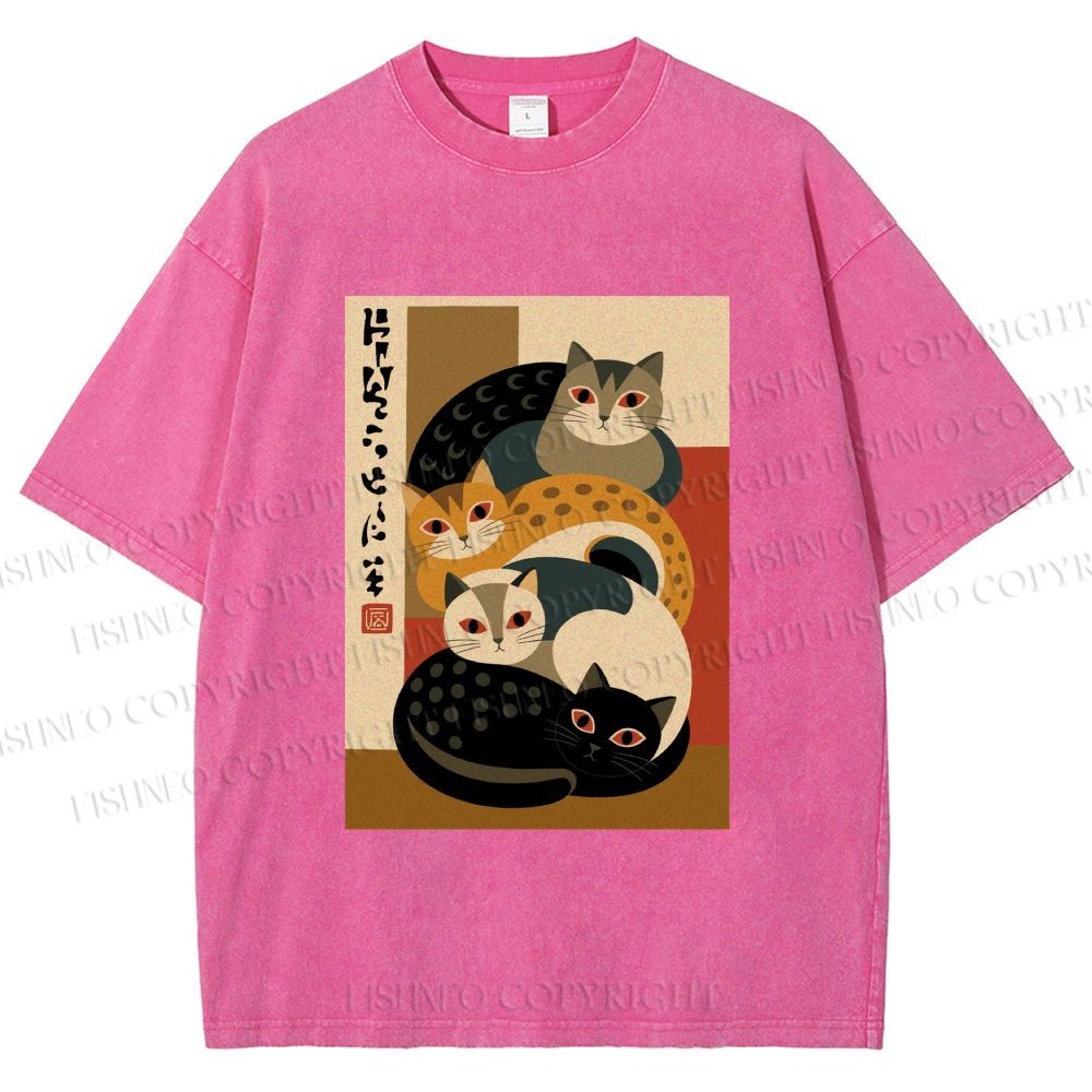Unisex Stacked Japanese Cats Printed Washed Tee