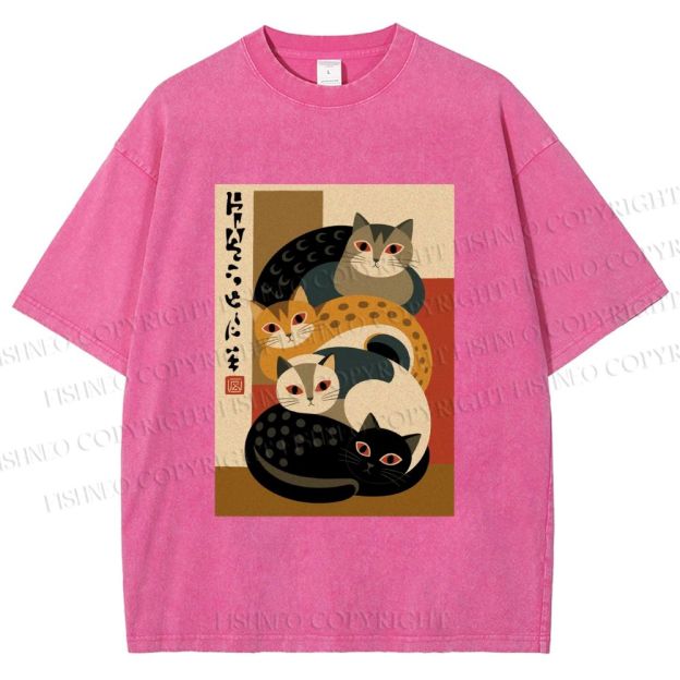 Unisex Stacked Japanese Cats Printed Washed Tee