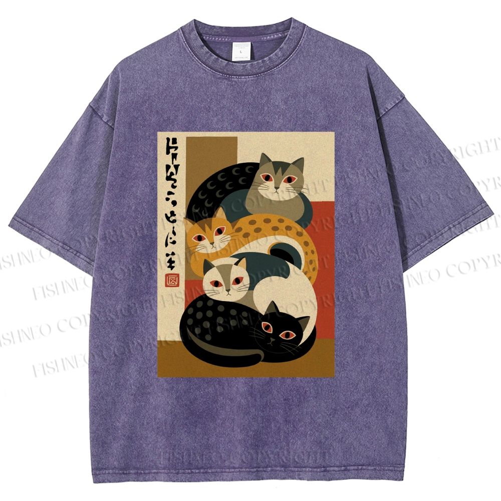Unisex Stacked Japanese Cats Printed Washed Tee