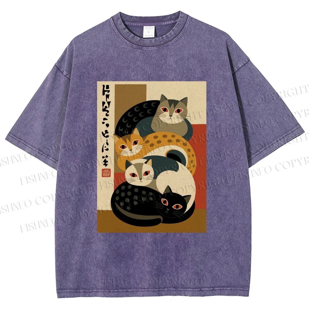 Unisex Stacked Japanese Cats Printed Washed Tee