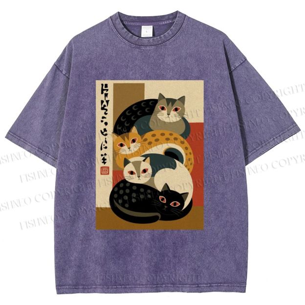 Unisex Stacked Japanese Cats Printed Washed Tee