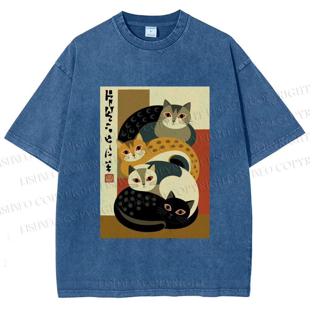 Unisex Stacked Japanese Cats Printed Washed Tee