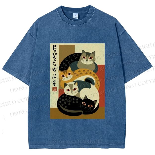 Unisex Stacked Japanese Cats Printed Washed Tee