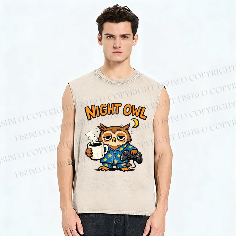 Unisex Night Owl Stay Up Printed Washed Tank Top