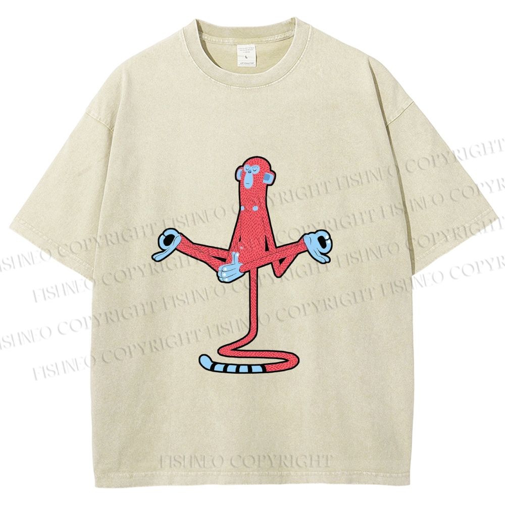 Unisex Red Monkey Tailstand Printed Washed Tee