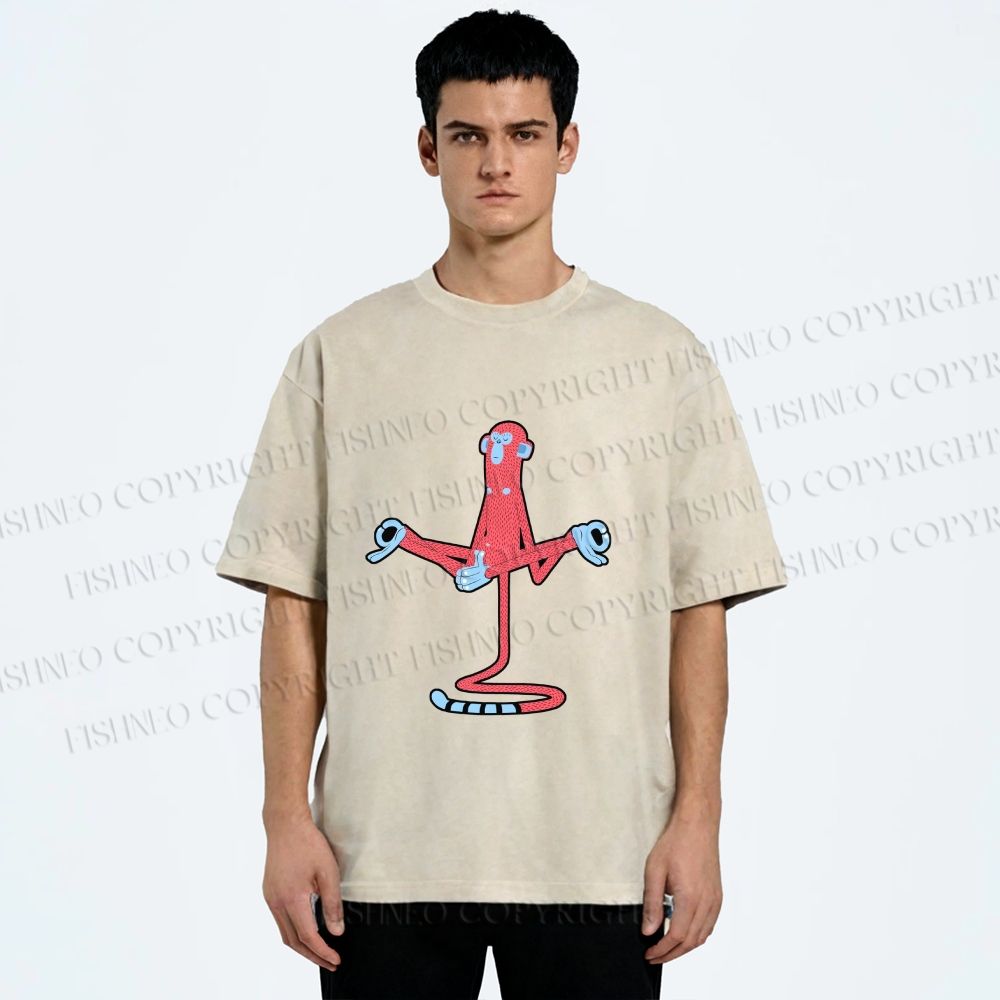 Unisex Red Monkey Tailstand Printed Washed Tee