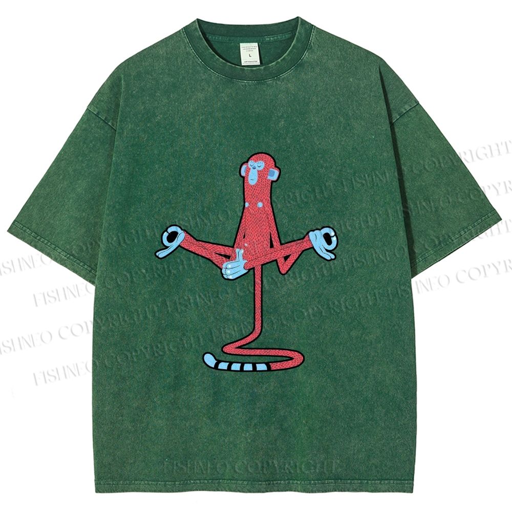 Unisex Red Monkey Tailstand Printed Washed Tee
