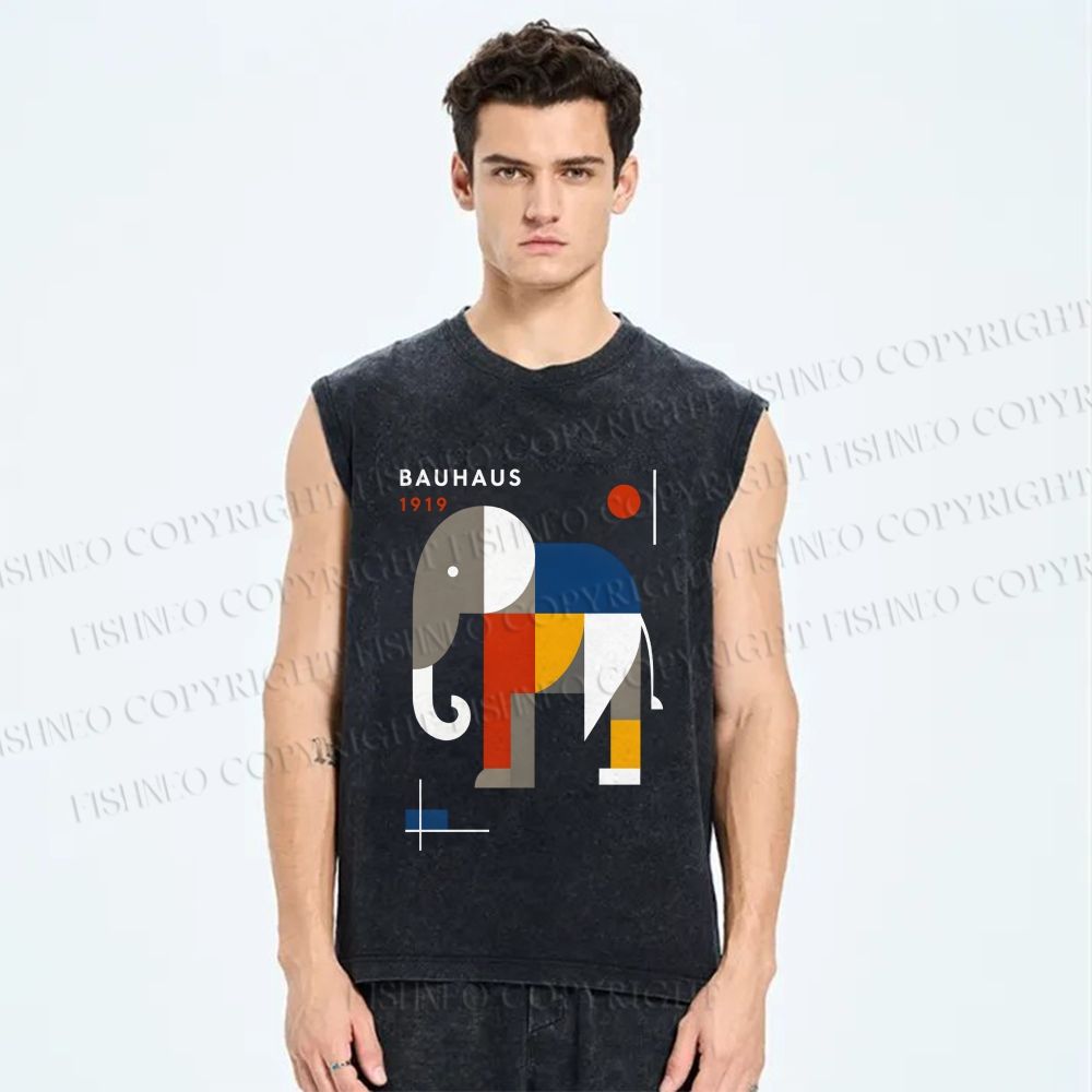 Unisex Bauhaus Elephant Printed Washed Tank Top