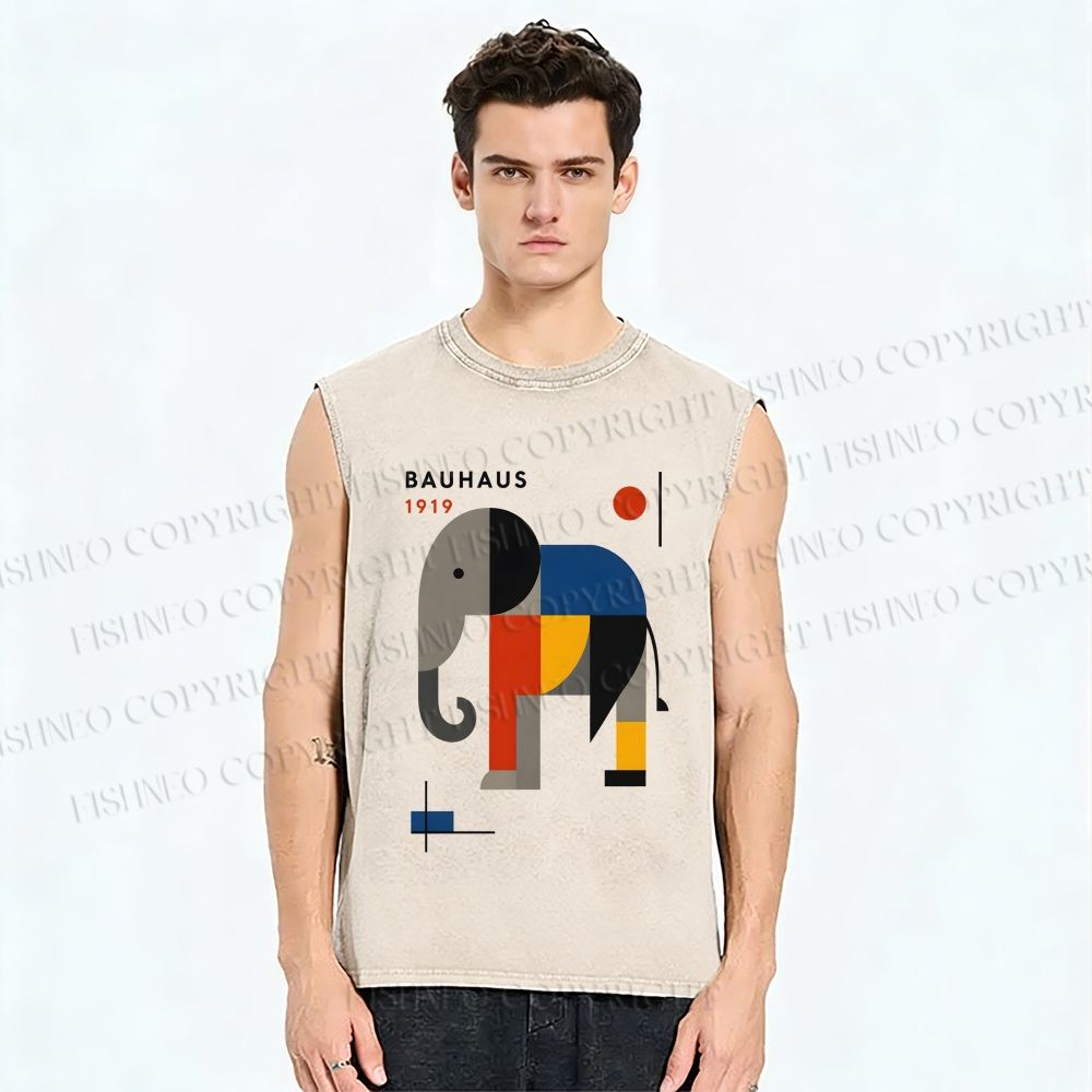 Unisex Bauhaus Elephant Printed Washed Tank Top