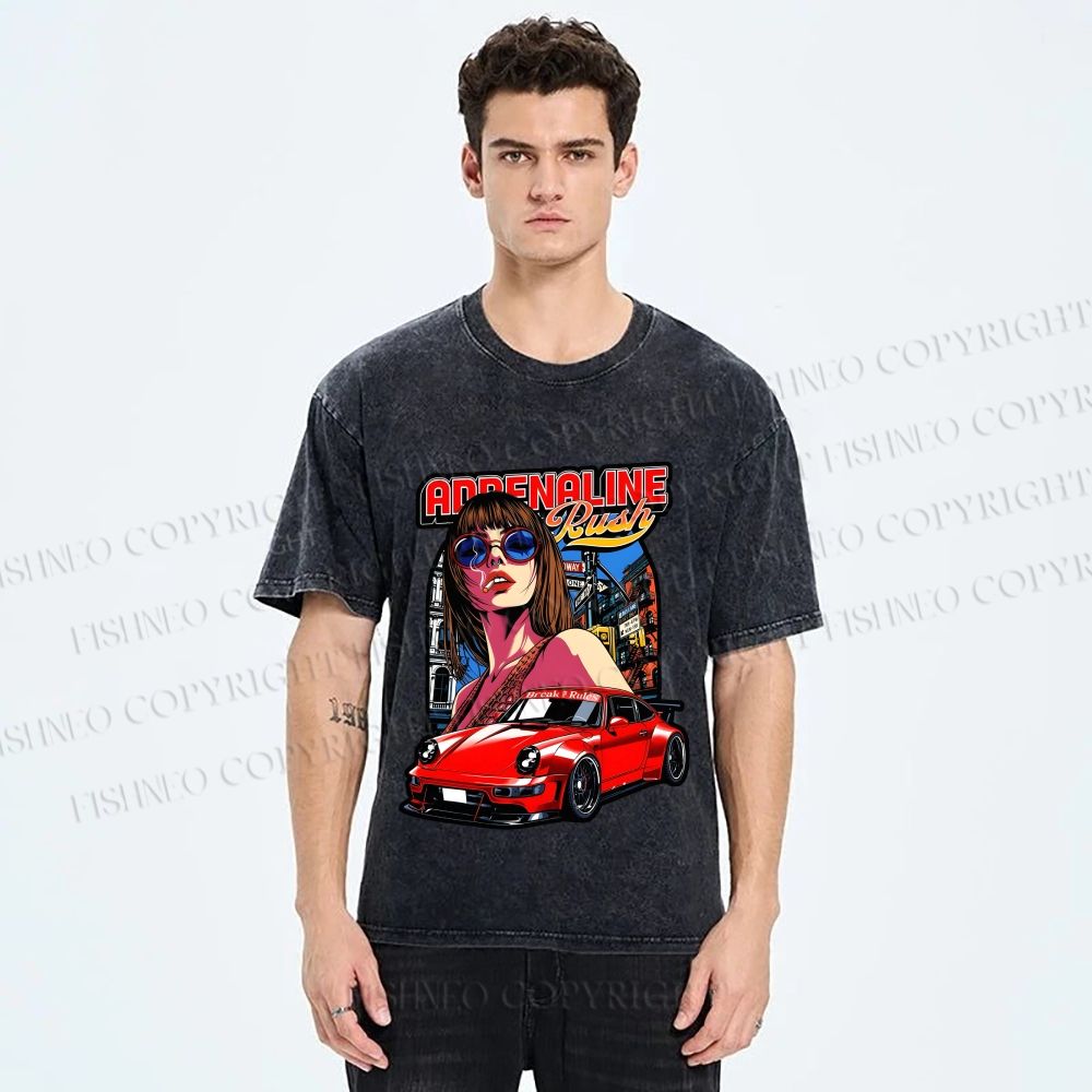 Unisex Porsche 911 Retro Poster Printed Washed Tee