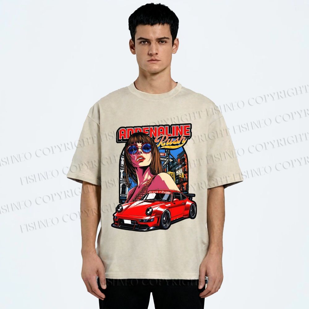 Unisex Porsche 911 Retro Poster Printed Washed Tee