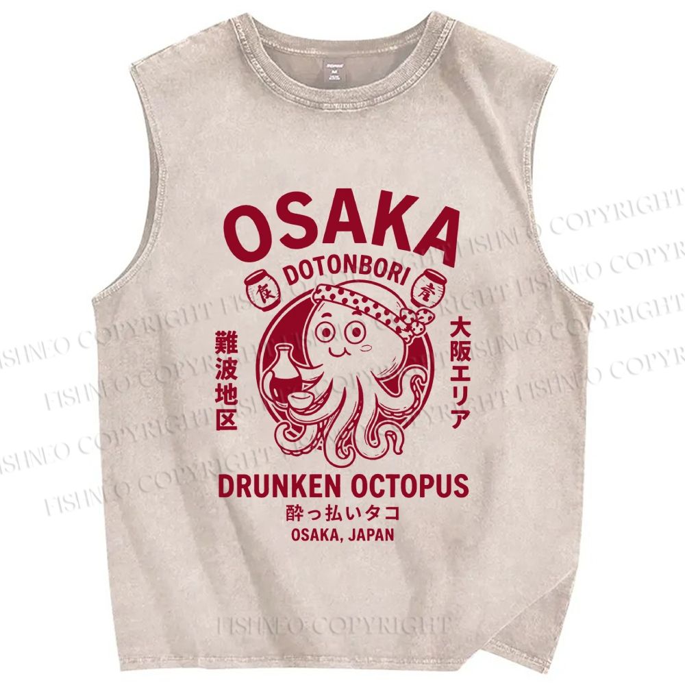 Unisex Osaka Drunken Octopus Printed Washed Tank Top