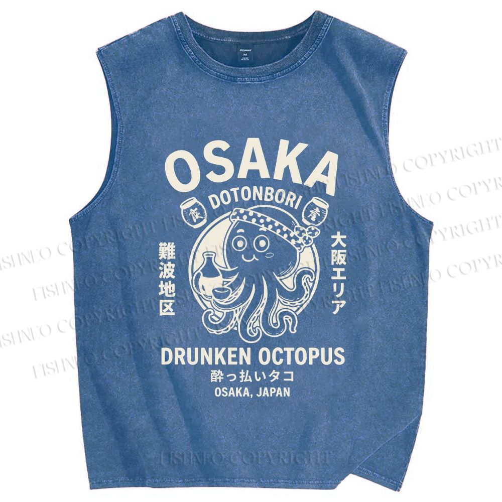 Unisex Osaka Drunken Octopus Printed Washed Tank Top