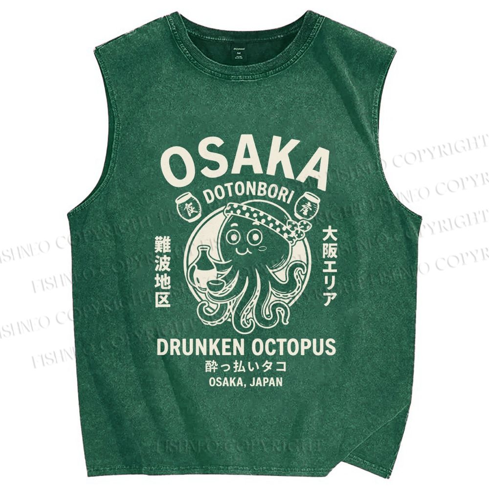 Unisex Osaka Drunken Octopus Printed Washed Tank Top