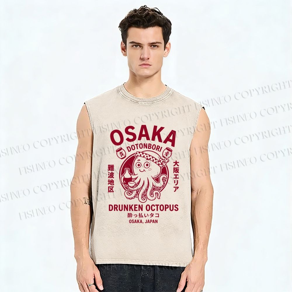 Unisex Osaka Drunken Octopus Printed Washed Tank Top