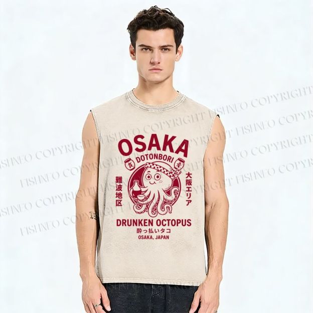 Unisex Osaka Drunken Octopus Printed Washed Tank Top