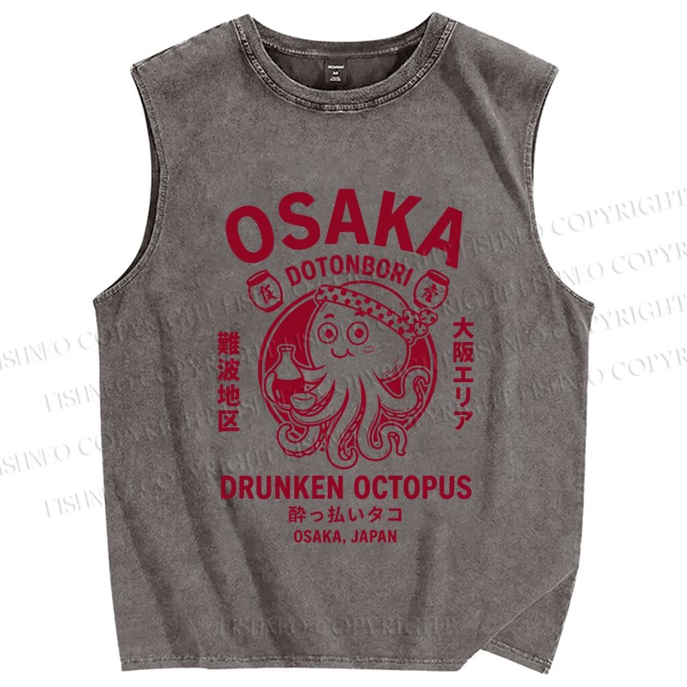 Unisex Osaka Drunken Octopus Printed Washed Tank Top