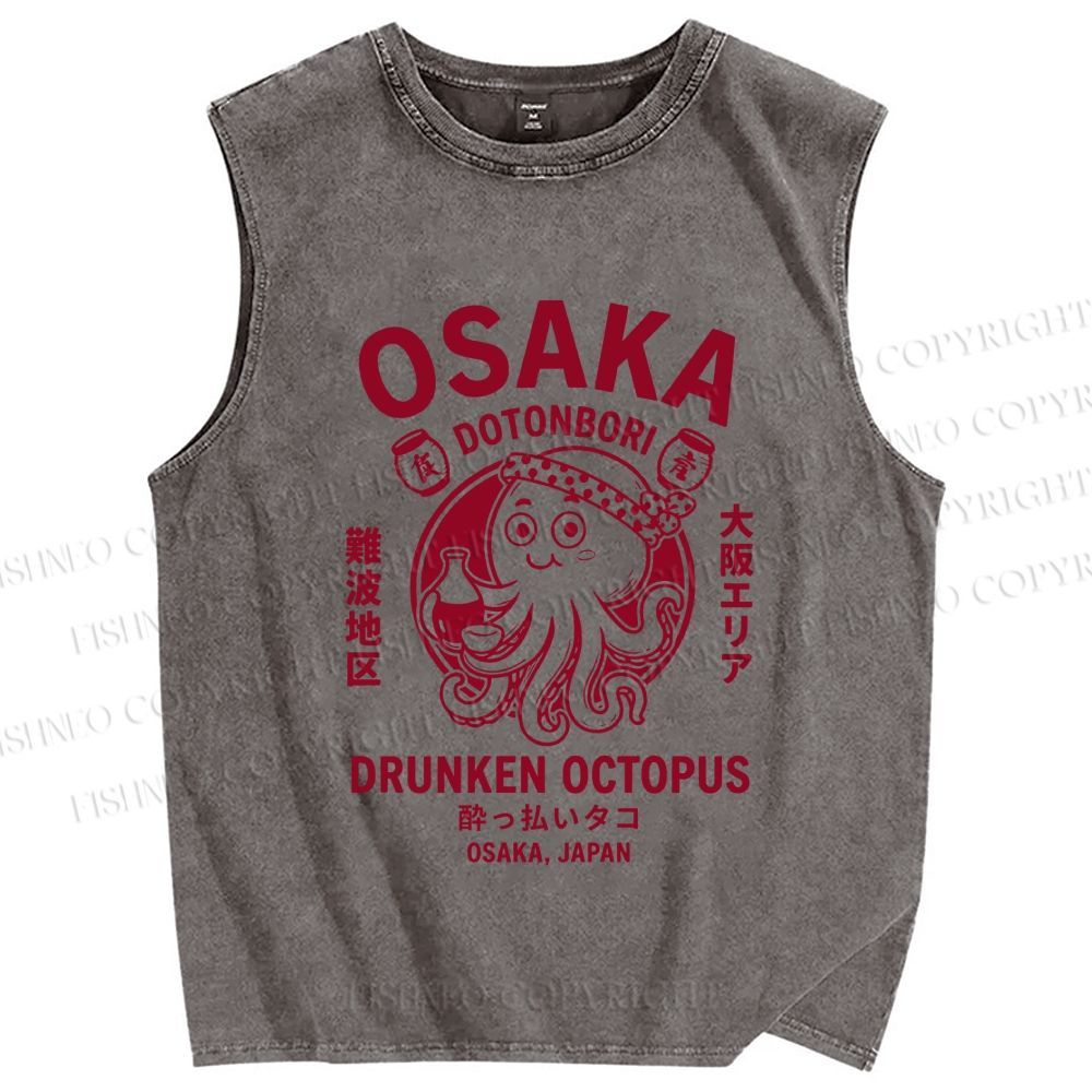 Unisex Osaka Drunken Octopus Printed Washed Tank Top