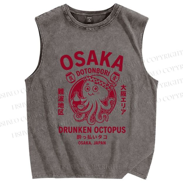 Unisex Osaka Drunken Octopus Printed Washed Tank Top