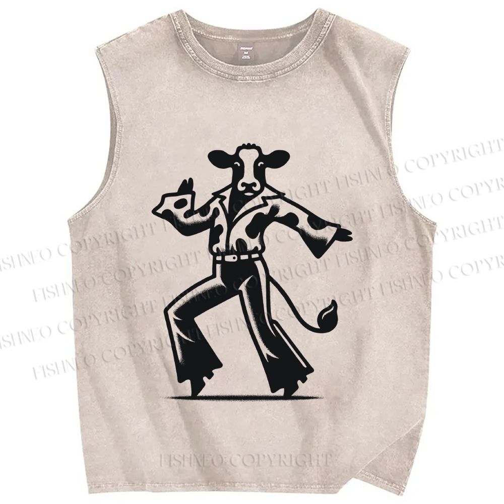 Unisex Disco Dancing Dairy Cow Printed Washed Tank Top