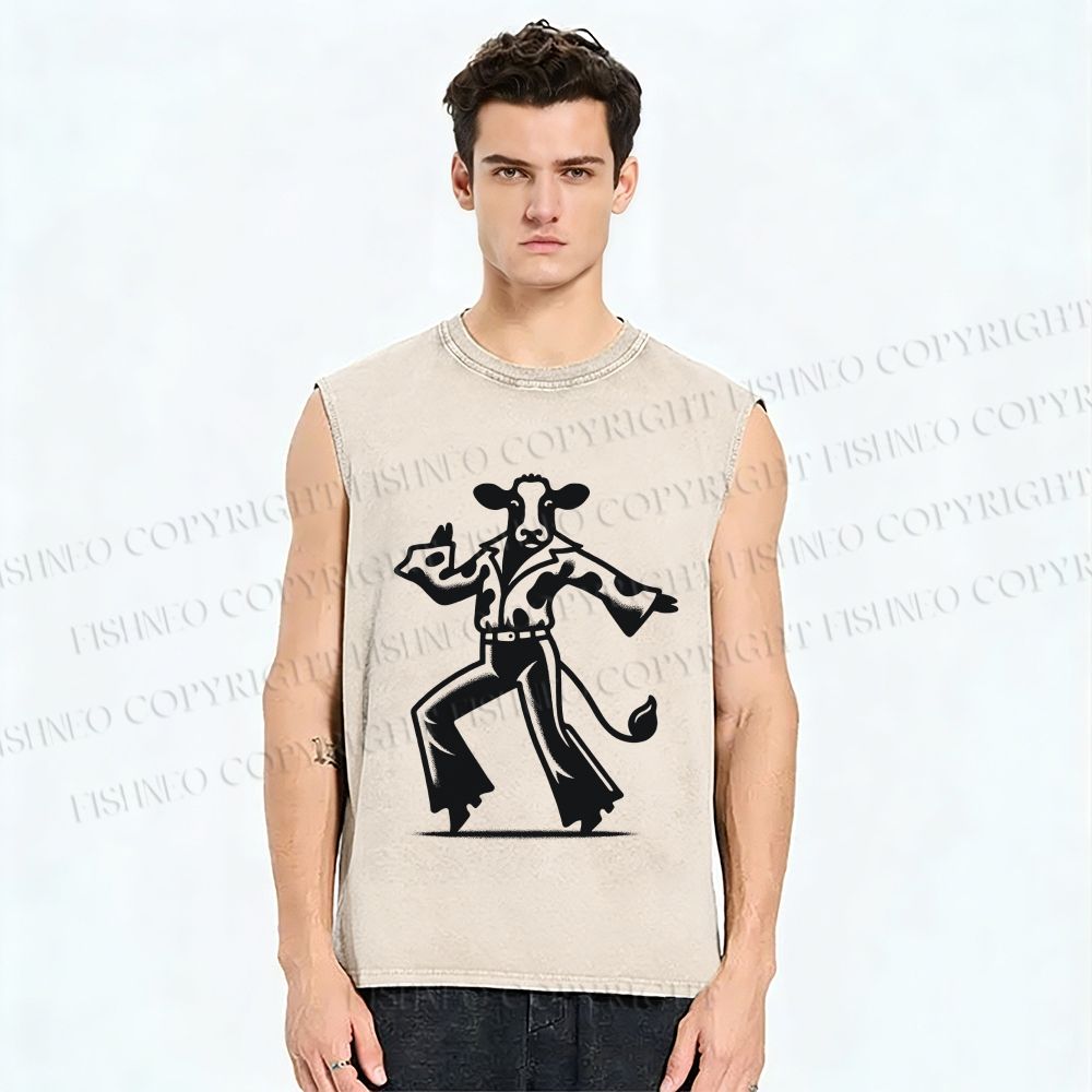 Unisex Disco Dancing Dairy Cow Printed Washed Tank Top
