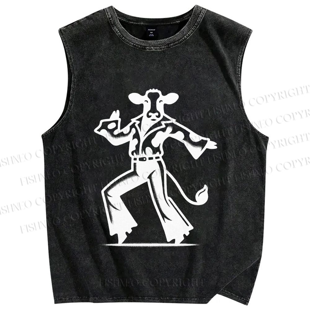 Unisex Disco Dancing Dairy Cow Printed Washed Tank Top