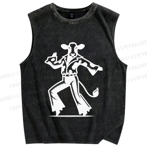 Unisex Disco Dancing Dairy Cow Printed Washed Tank Top