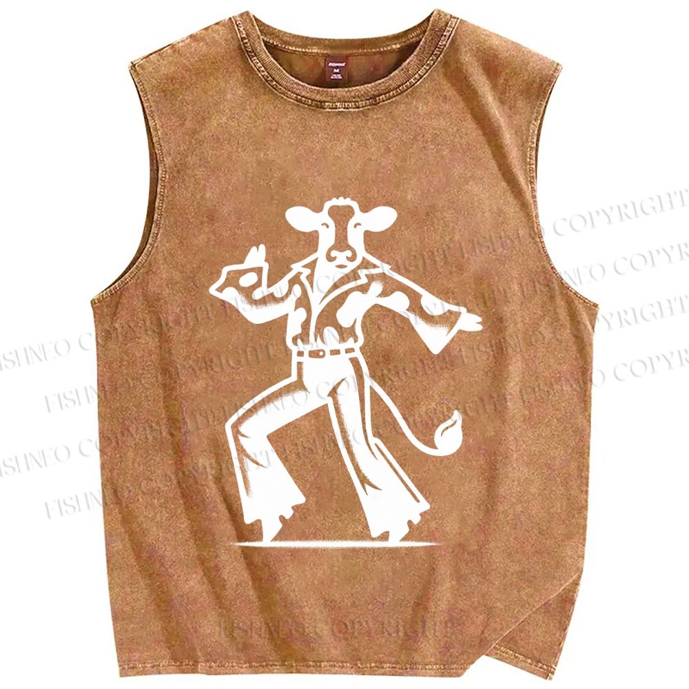 Unisex Disco Dancing Dairy Cow Printed Washed Tank Top