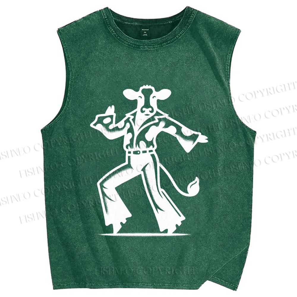 Unisex Disco Dancing Dairy Cow Printed Washed Tank Top