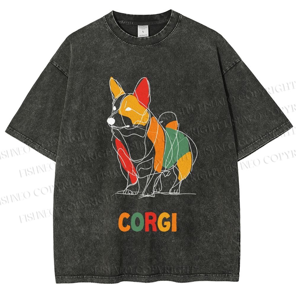 Unisex Corgi Line Art Printed Washed Tee