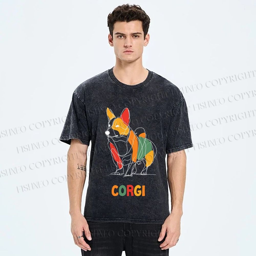Unisex Corgi Line Art Printed Washed Tee