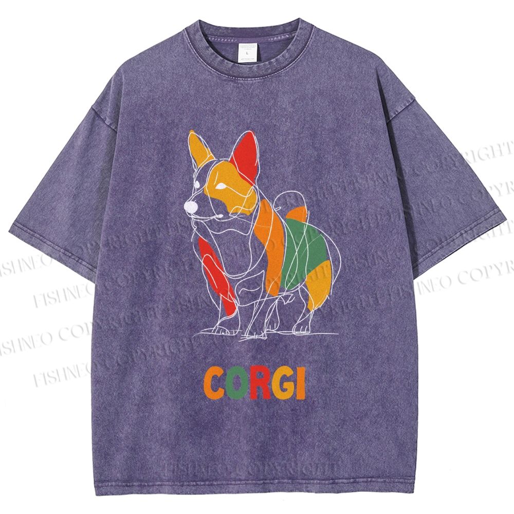 Unisex Corgi Line Art Printed Washed Tee