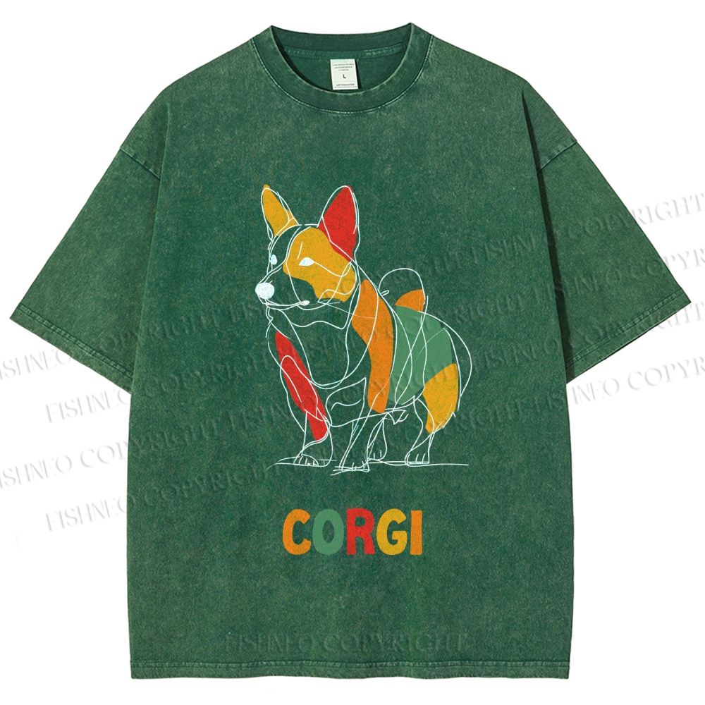 Unisex Corgi Line Art Printed Washed Tee