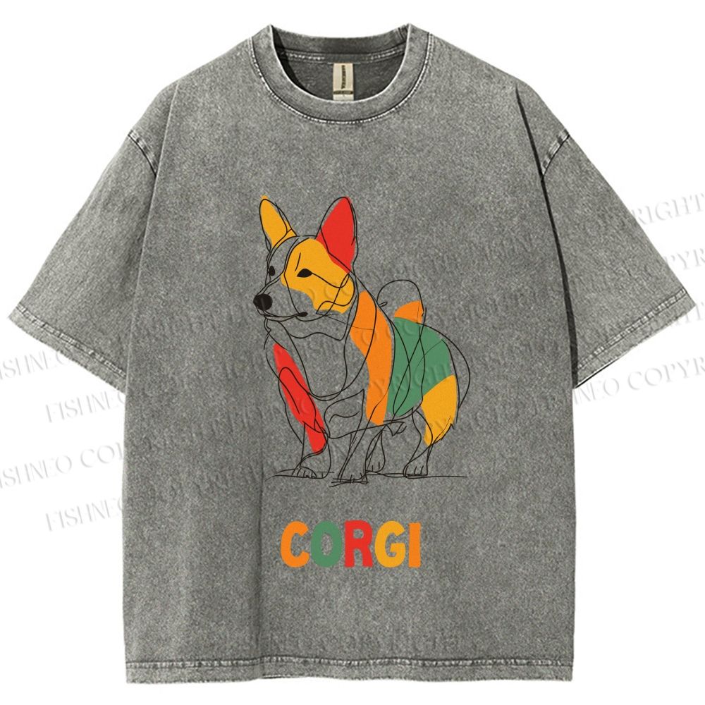 Unisex Corgi Line Art Printed Washed Tee