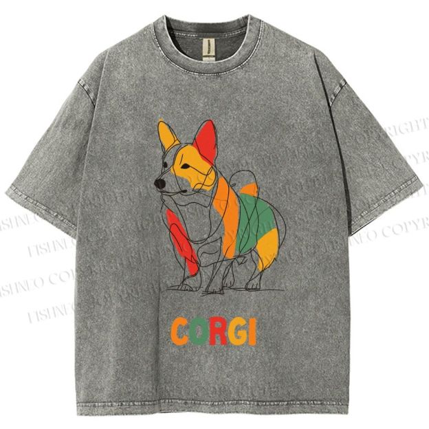 Unisex Corgi Line Art Printed Washed Tee