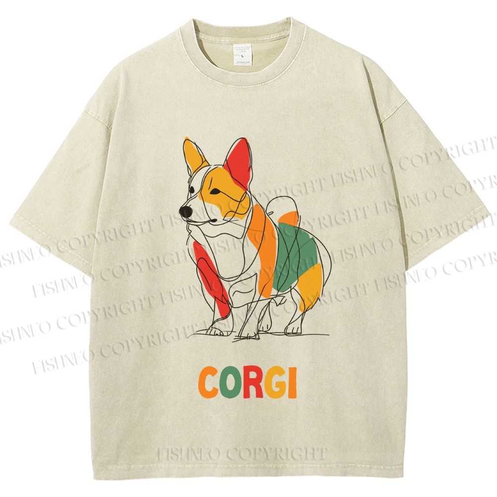 Unisex Corgi Line Art Printed Washed Tee
