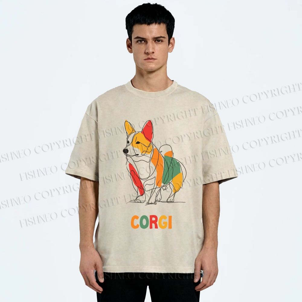 Unisex Corgi Line Art Printed Washed Tee