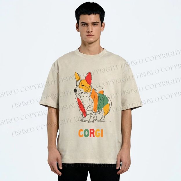 Unisex Corgi Line Art Printed Washed Tee