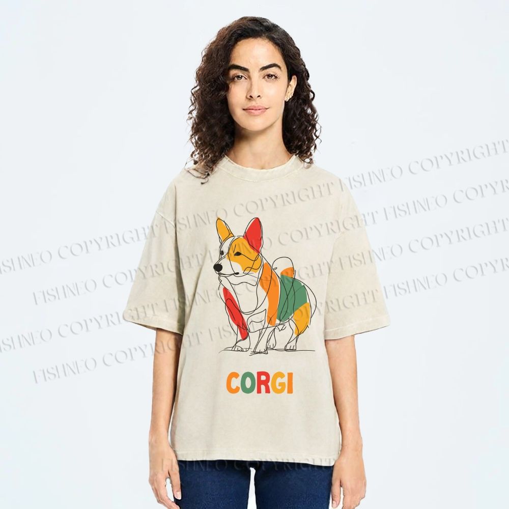Unisex Corgi Line Art Printed Washed Tee