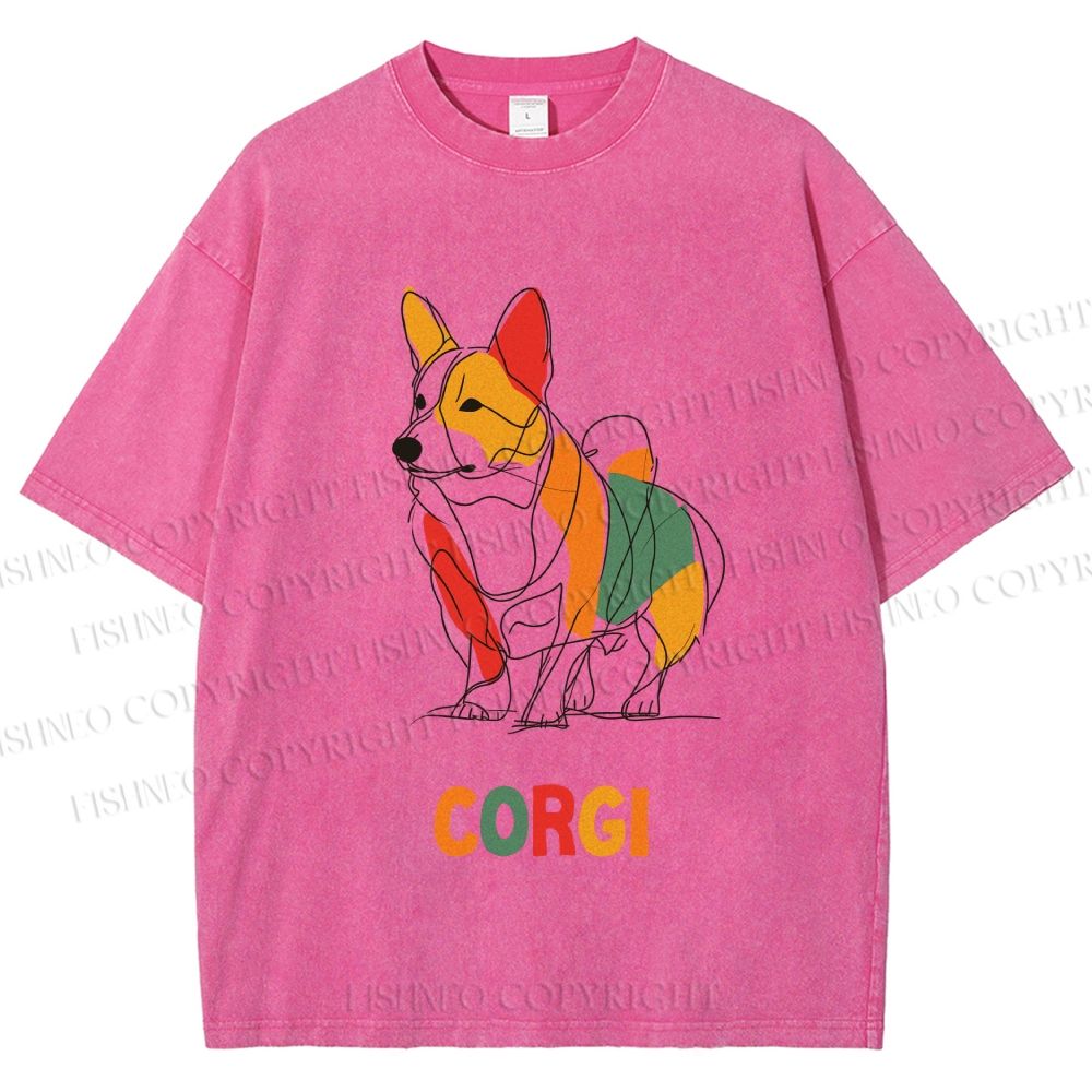 Unisex Corgi Line Art Printed Washed Tee
