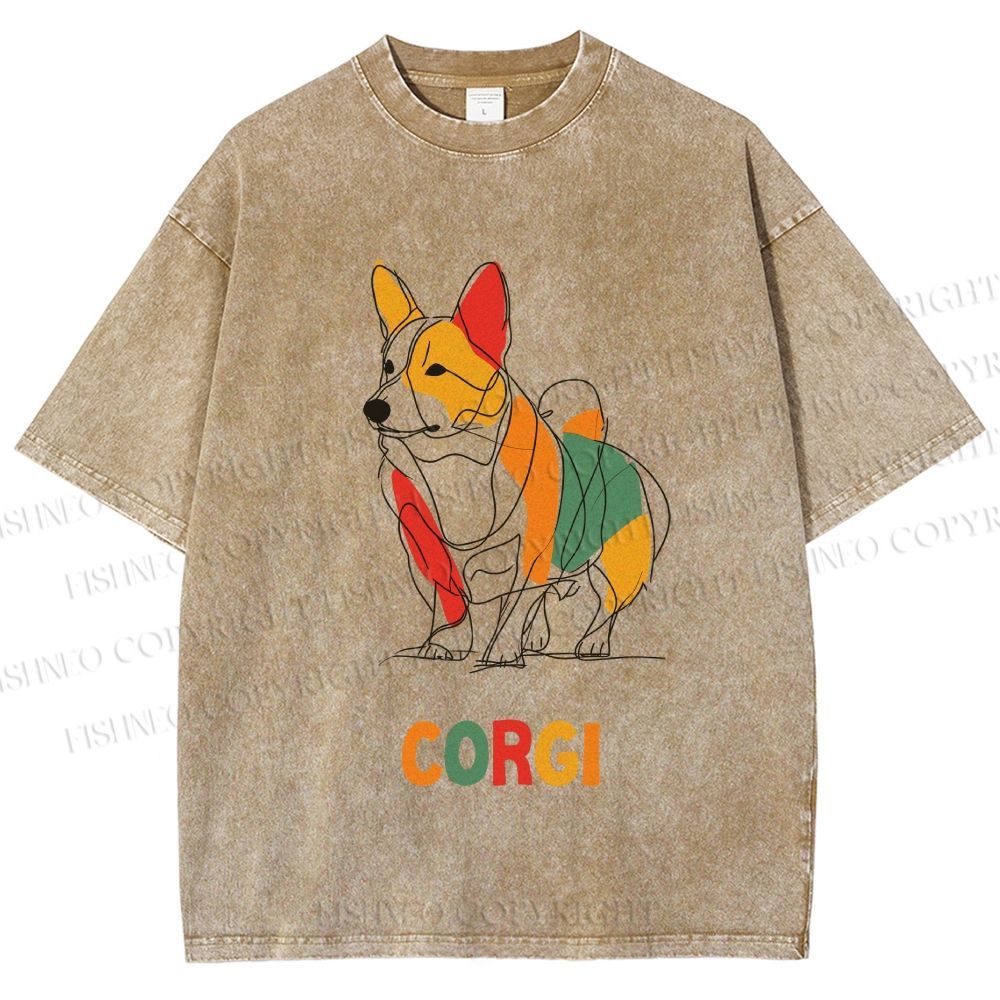 Unisex Corgi Line Art Printed Washed Tee
