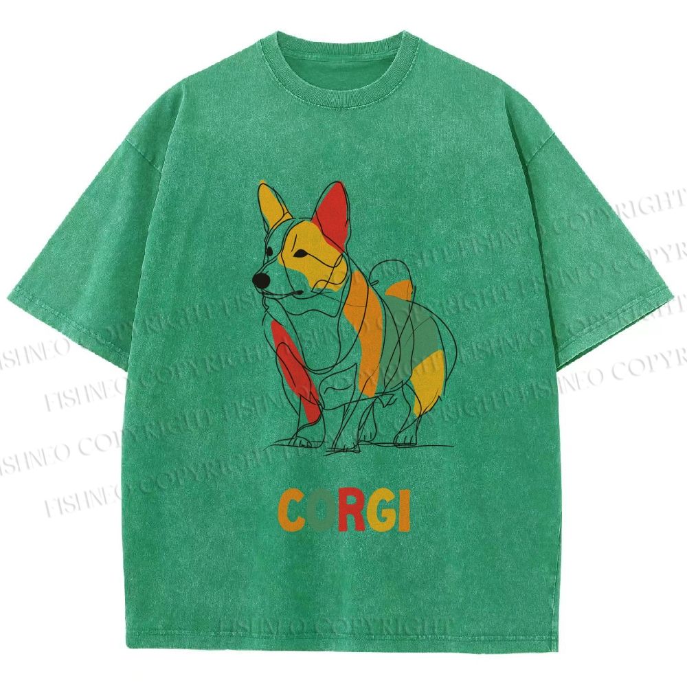Unisex Corgi Line Art Printed Washed Tee