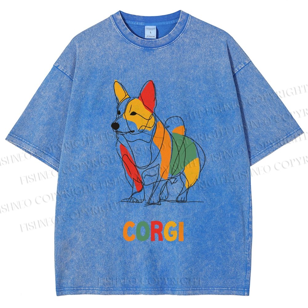 Unisex Corgi Line Art Printed Washed Tee