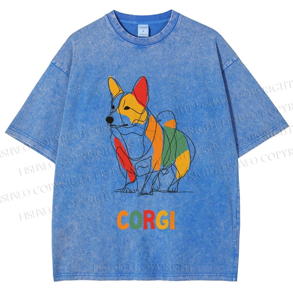 Unisex Corgi Line Art Printed Washed Tee
