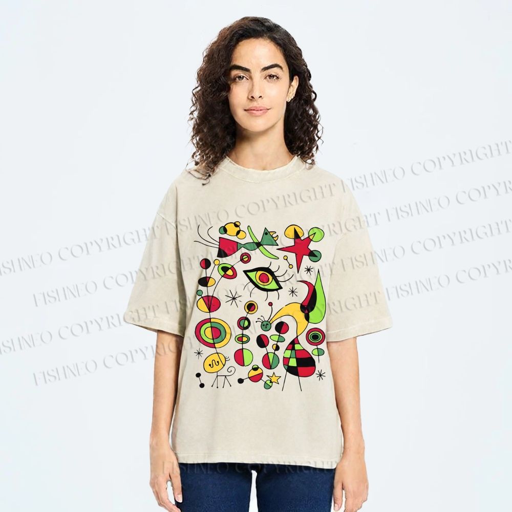 Unisex Joan Miro Graffiti Printed Washed Tee