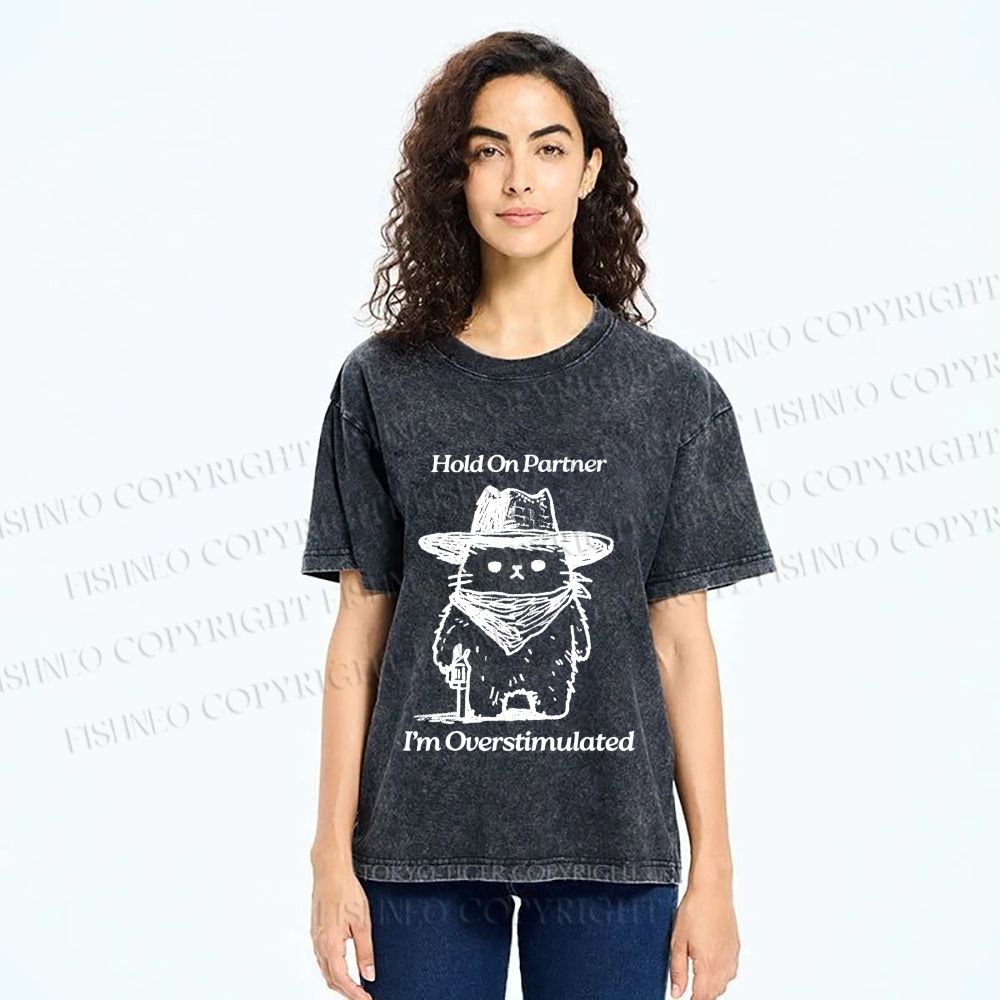 Unisex Overstimulated Cowboy Cat Printed Washed Tee