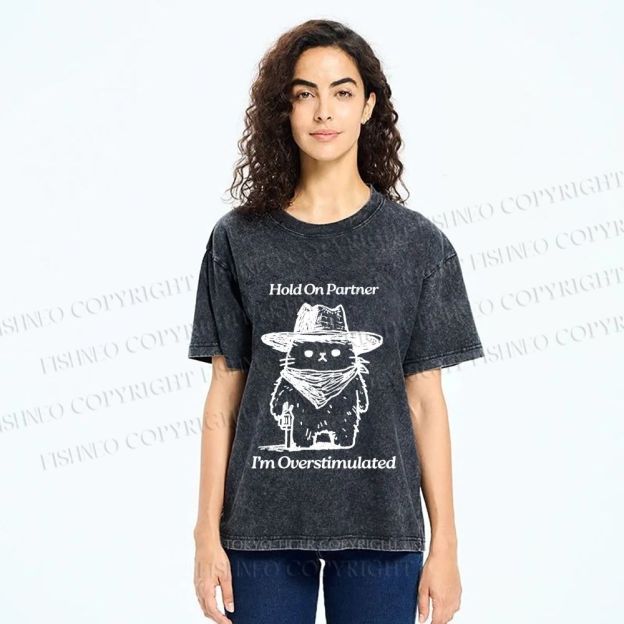 Unisex Overstimulated Cowboy Cat Printed Washed Tee