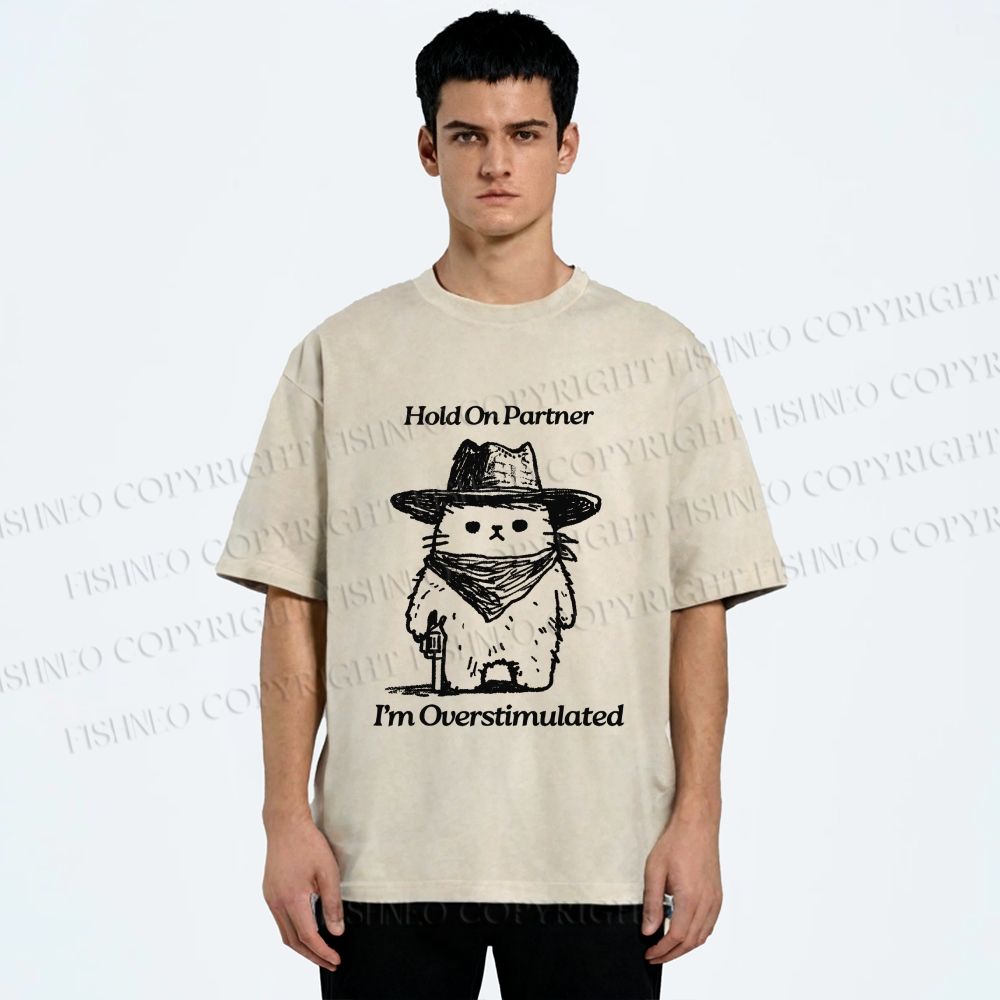 Unisex Overstimulated Cowboy Cat Printed Washed Tee