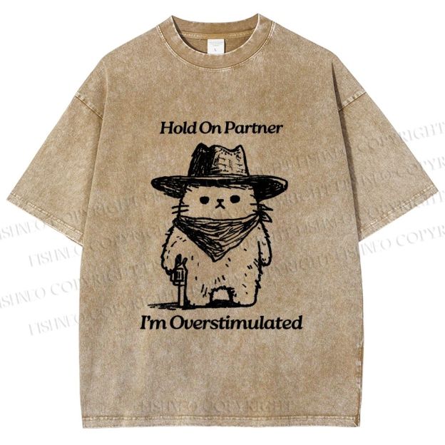 Unisex Overstimulated Cowboy Cat Printed Washed Tee