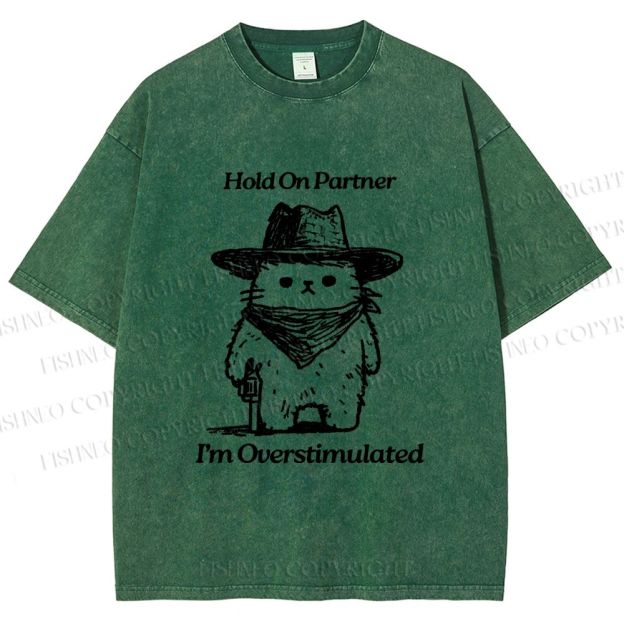 Unisex Overstimulated Cowboy Cat Printed Washed Tee